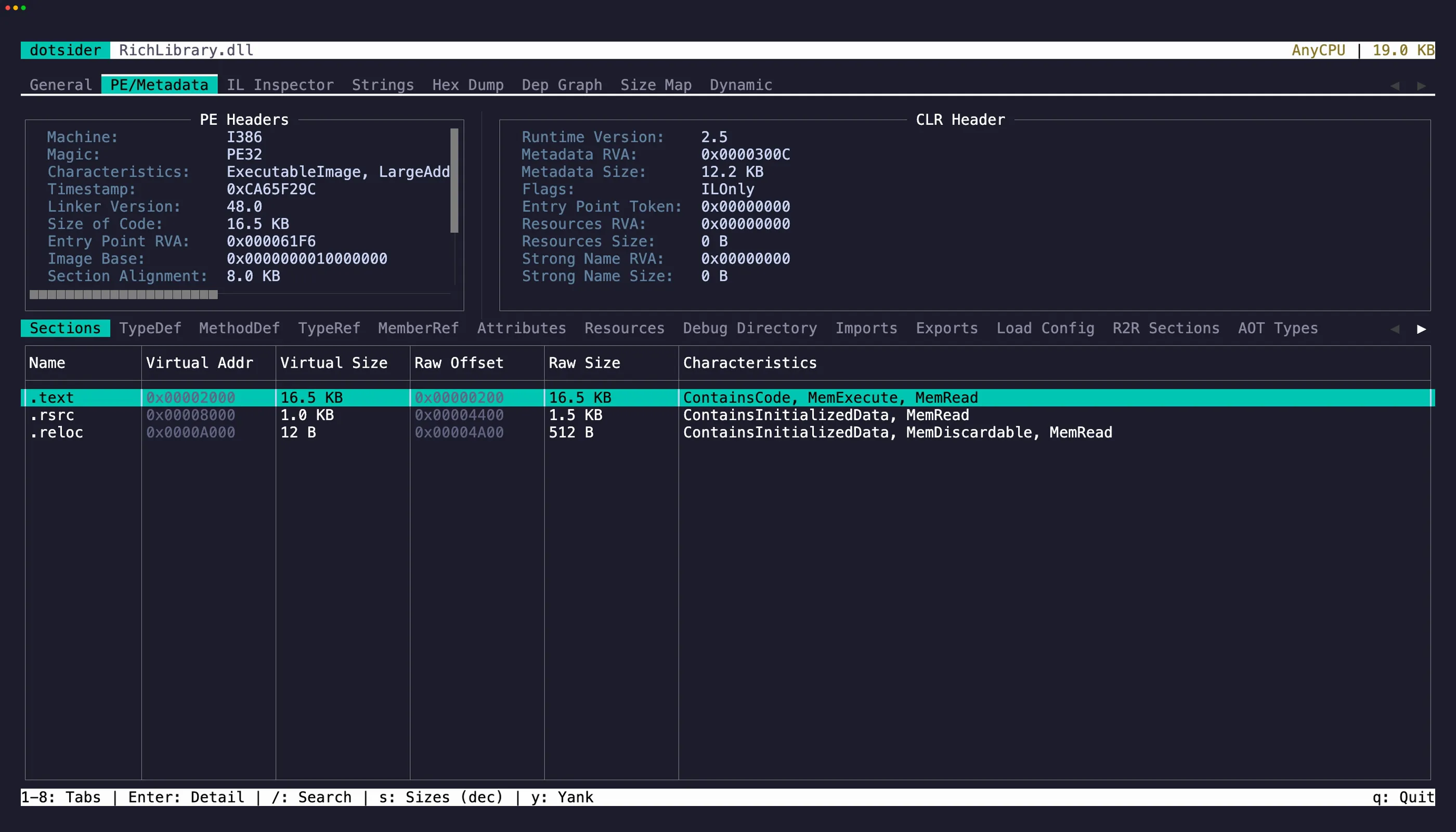 PE / Metadata tab