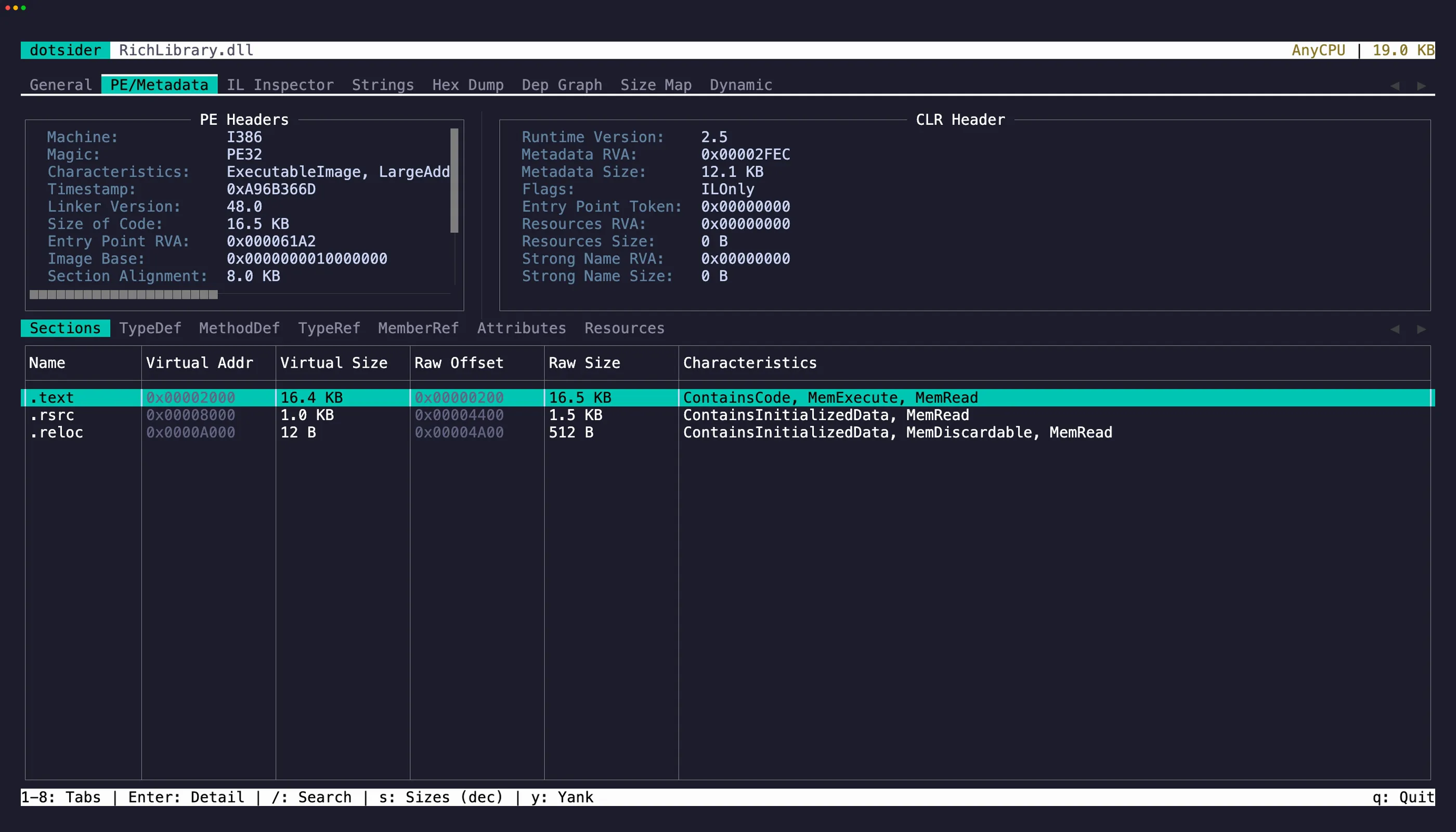 PE / Metadata tab